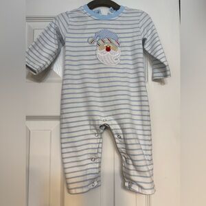 Be Mine • Christmas Baby Boy Blue striped Santa appliqué romper • 6M